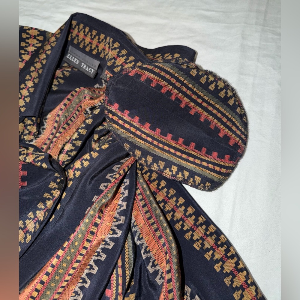 Vintage 90s Ellen Tracy Silk Blouse Geometric Stripe Navy Boho Oversized Size8 - Picture 8 of 10